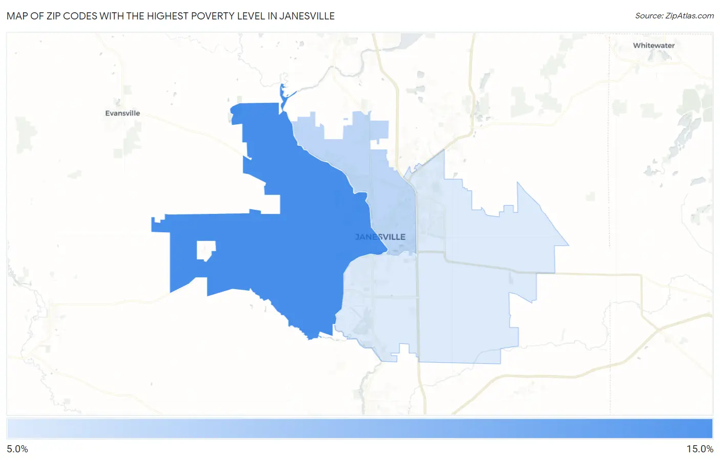 Zip Codes with the Highest Poverty Level in Janesville Map