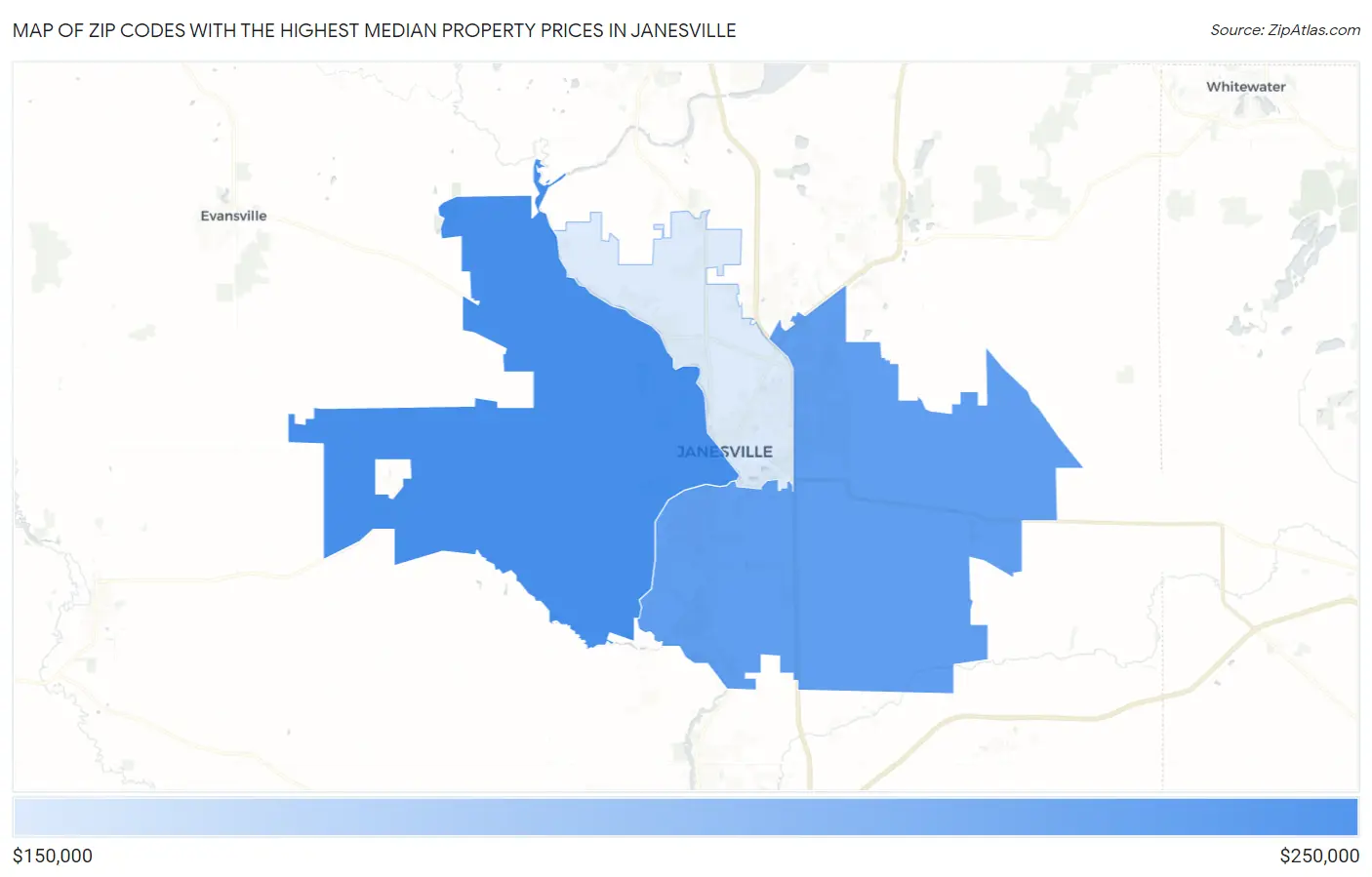 Zip Codes with the Highest Median Property Prices in Janesville Map
