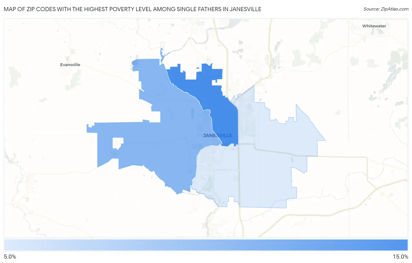 Zip Codes with the Highest Poverty Level Among Single Fathers in Janesville Map