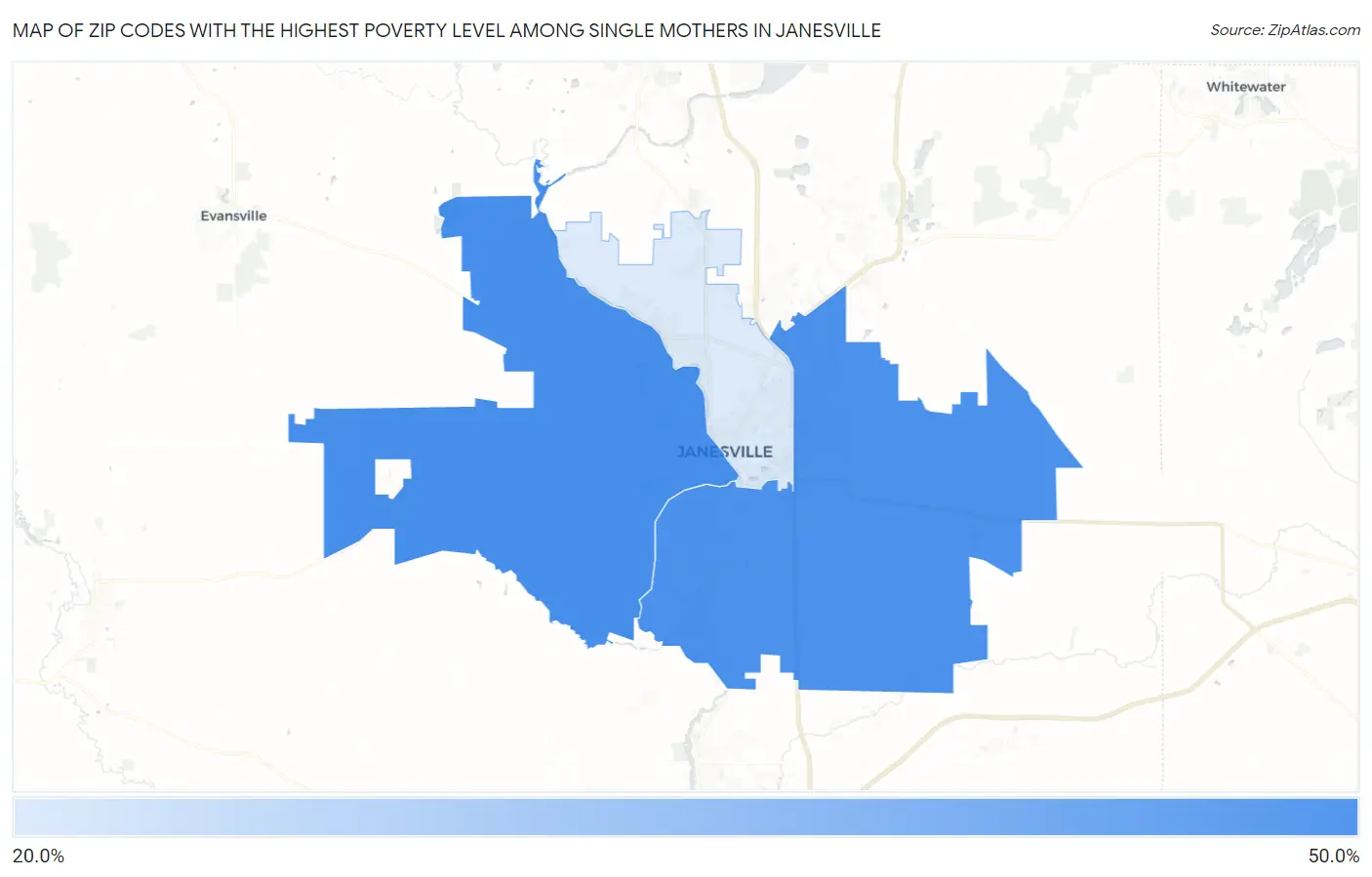 Zip Codes with the Highest Poverty Level Among Single Mothers in Janesville Map