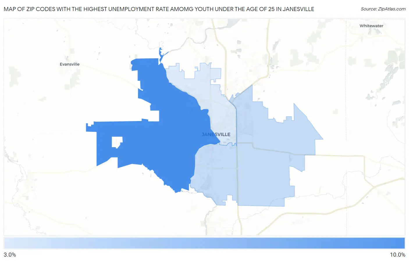 Zip Codes with the Highest Unemployment Rate Amomg Youth Under the Age of 25 in Janesville Map