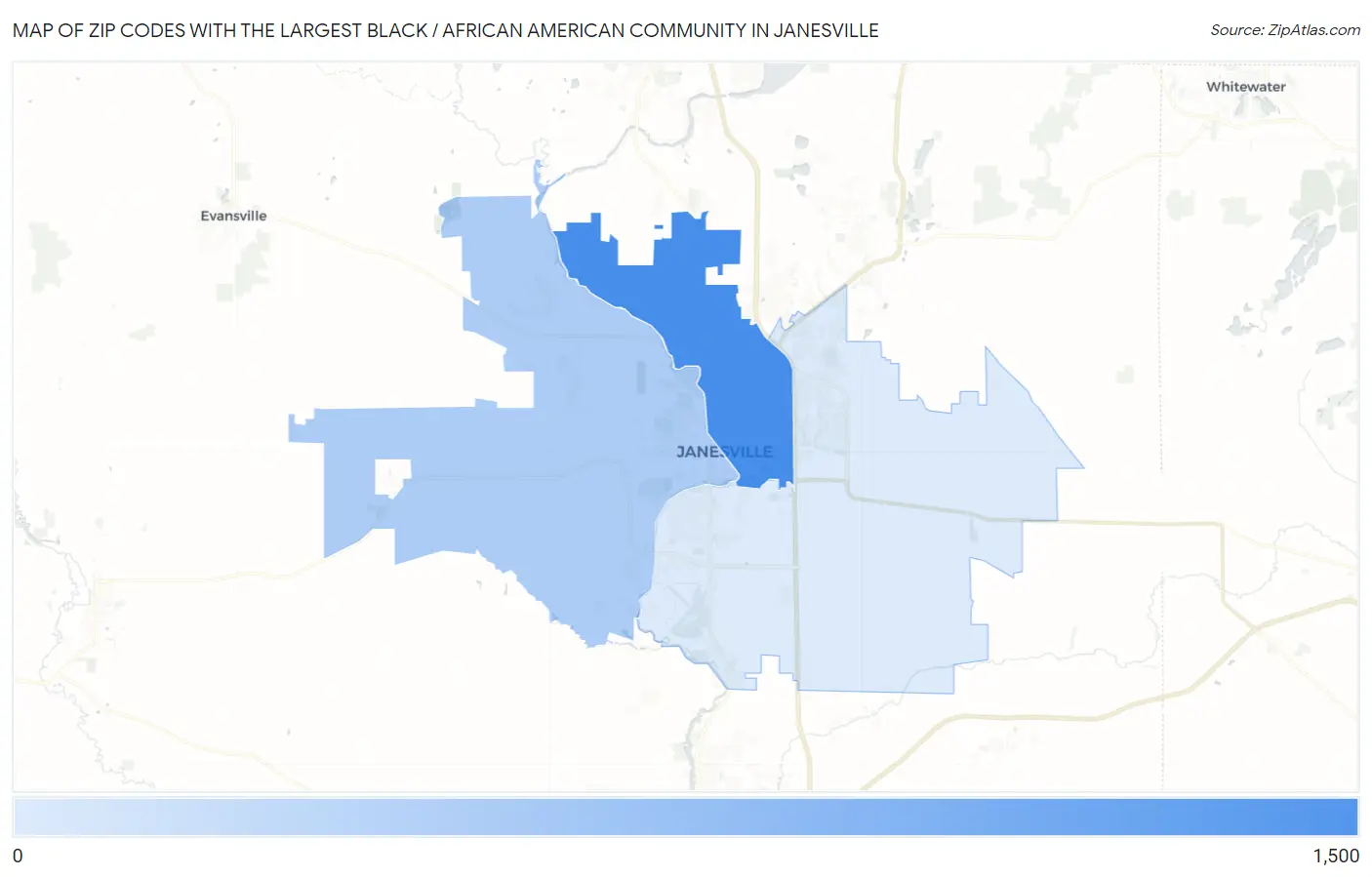 Zip Codes with the Largest Black / African American Community in Janesville Map