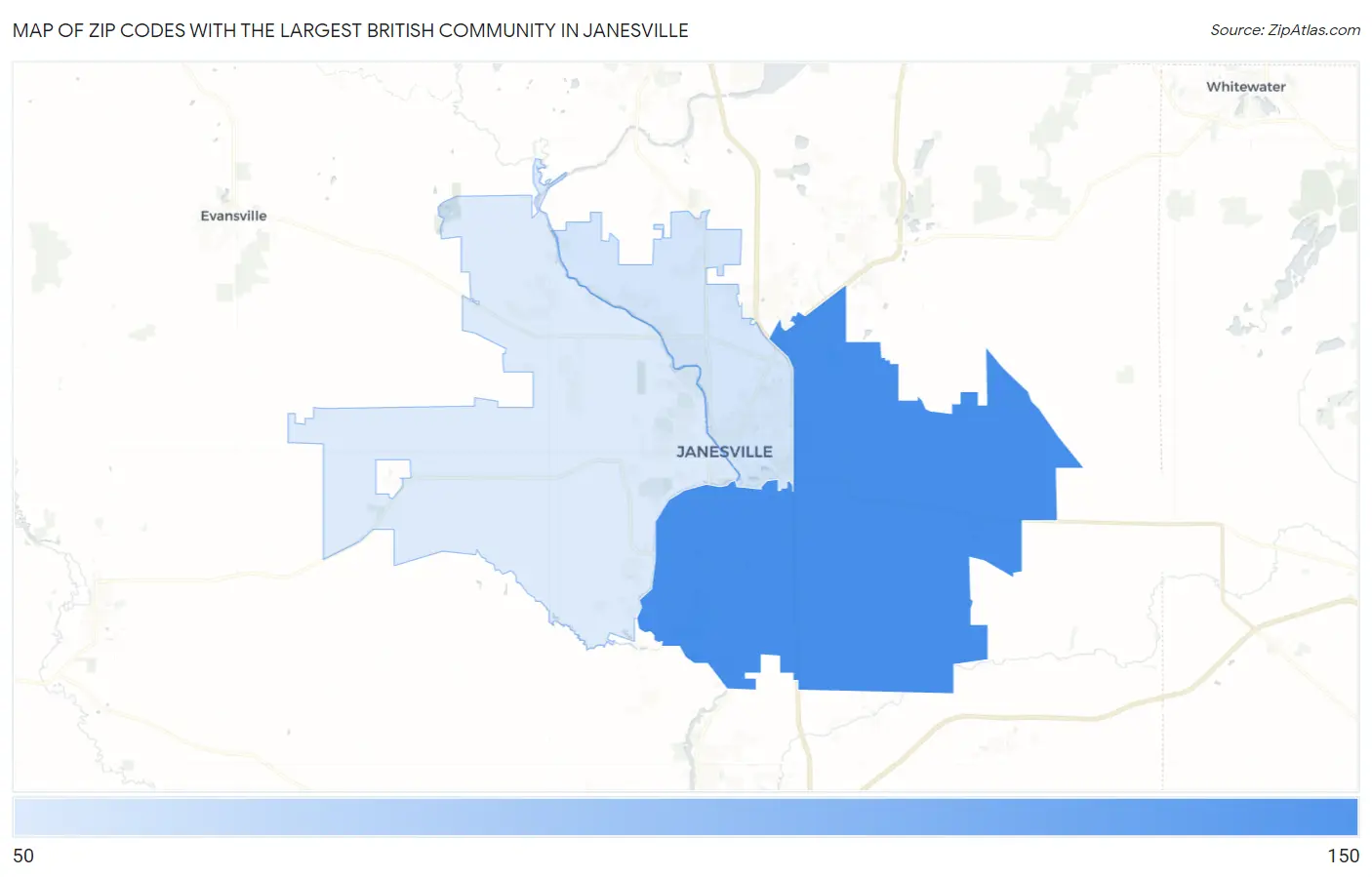 Zip Codes with the Largest British Community in Janesville Map