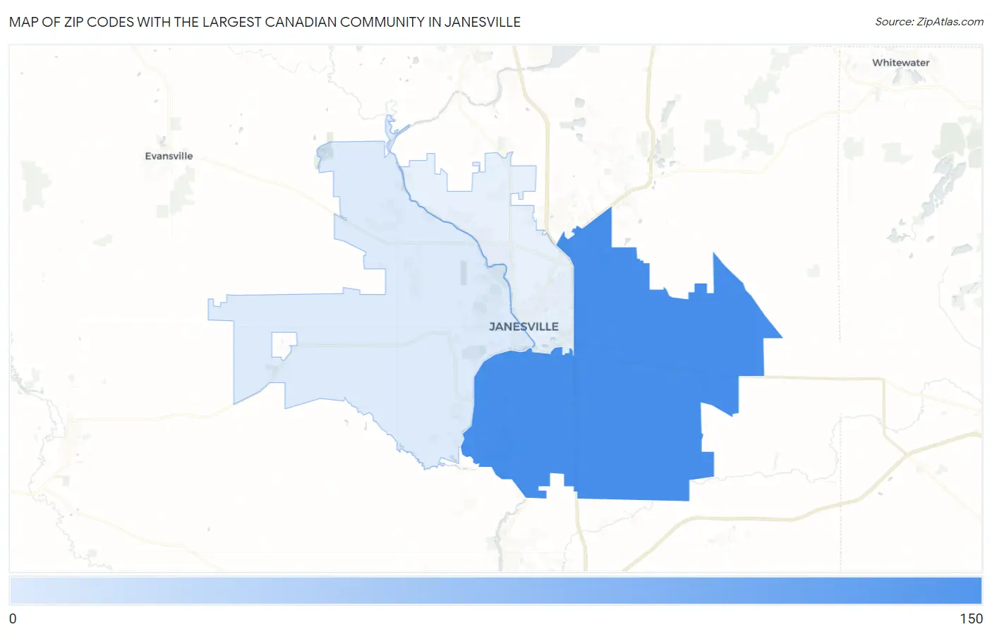 Zip Codes with the Largest Canadian Community in Janesville Map