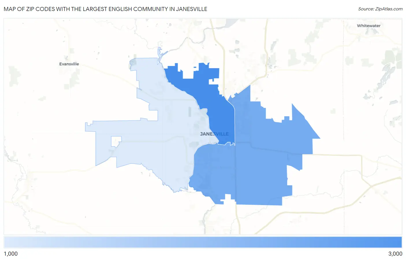 Zip Codes with the Largest English Community in Janesville Map