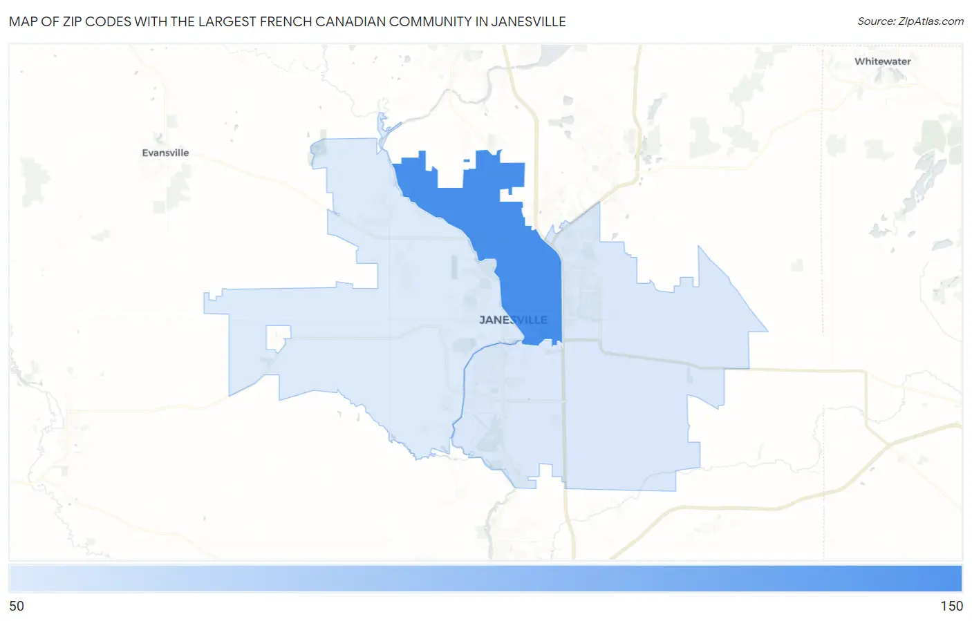 Zip Codes with the Largest French Canadian Community in Janesville Map