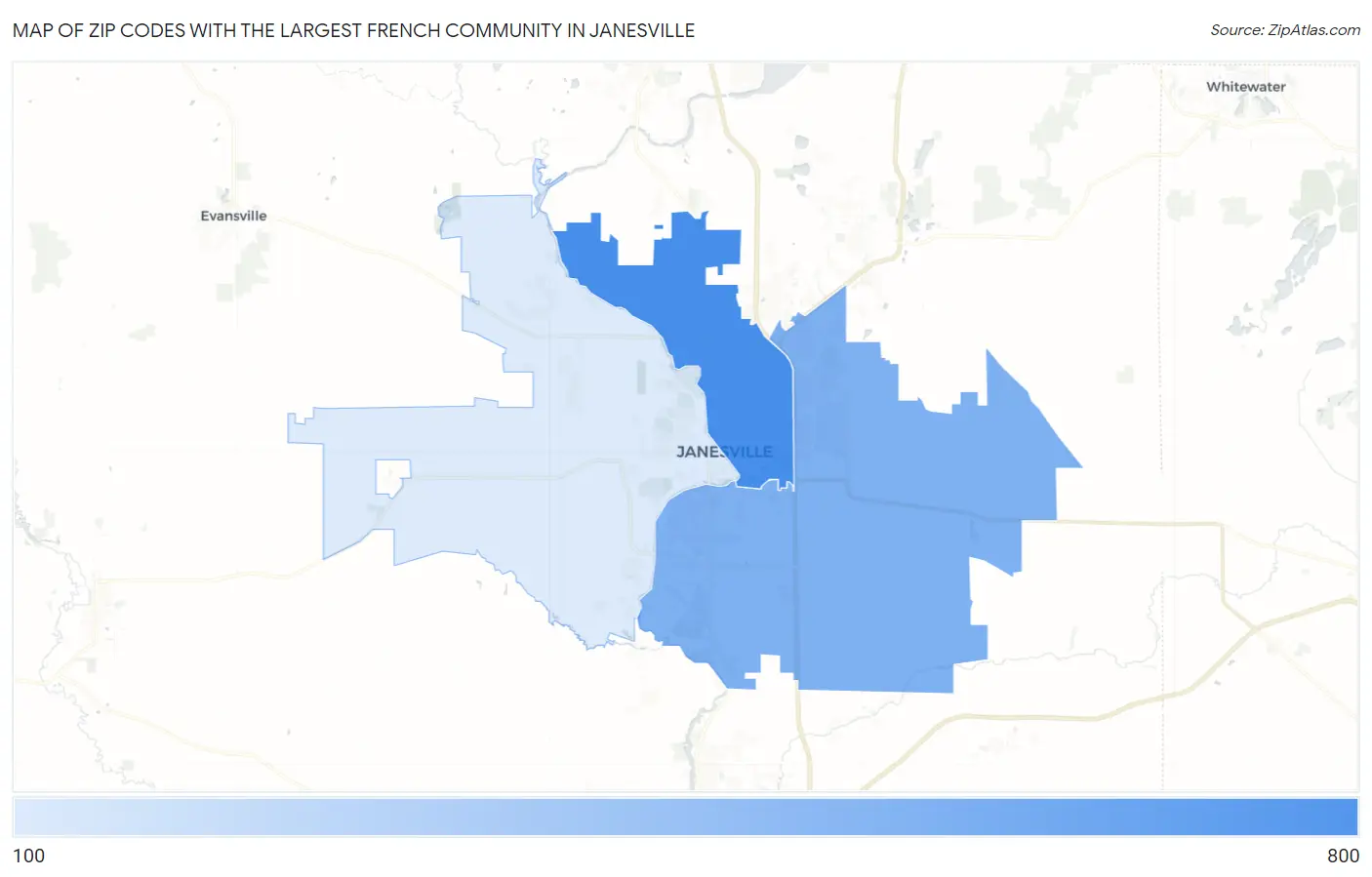 Zip Codes with the Largest French Community in Janesville Map
