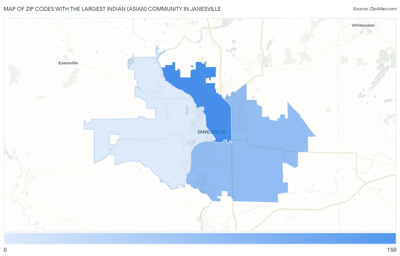 Zip Codes with the Largest Indian (Asian) Community in Janesville Map
