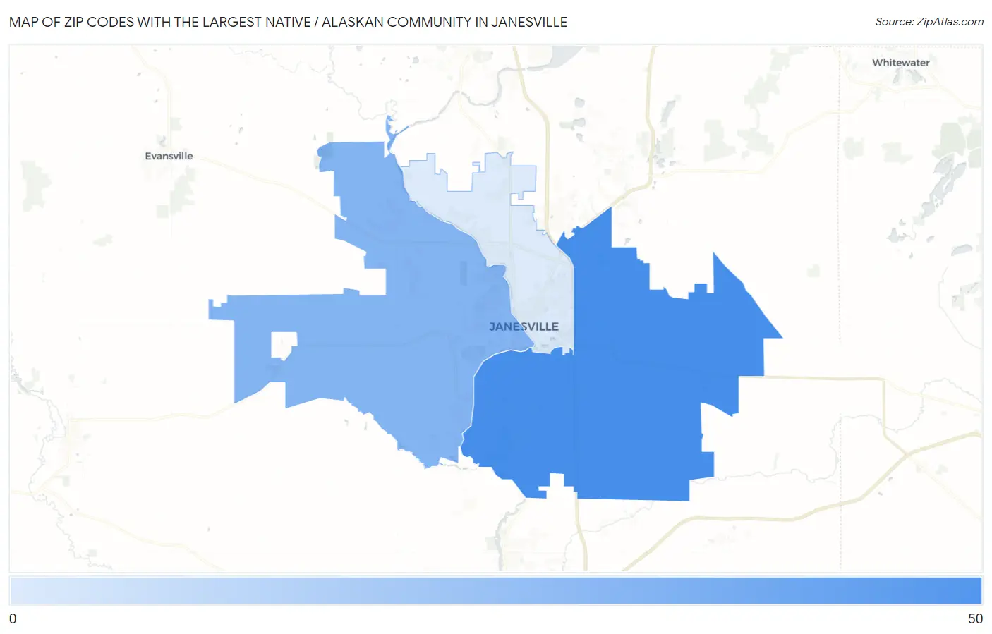 Zip Codes with the Largest Native / Alaskan Community in Janesville Map