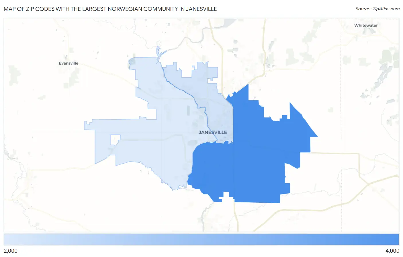Zip Codes with the Largest Norwegian Community in Janesville Map