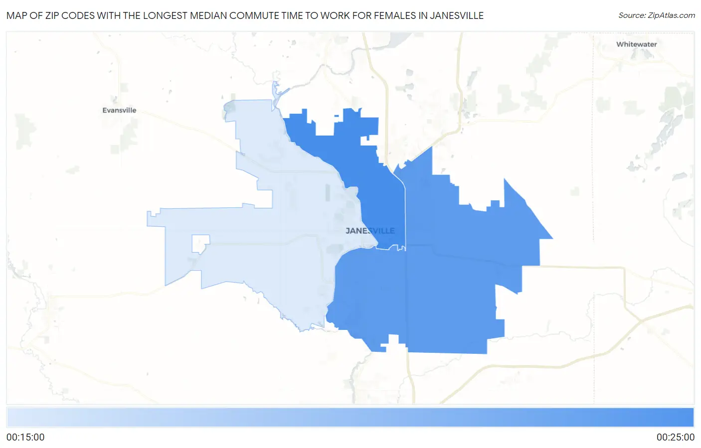 Zip Codes with the Longest Median Commute Time to Work for Females in Janesville Map