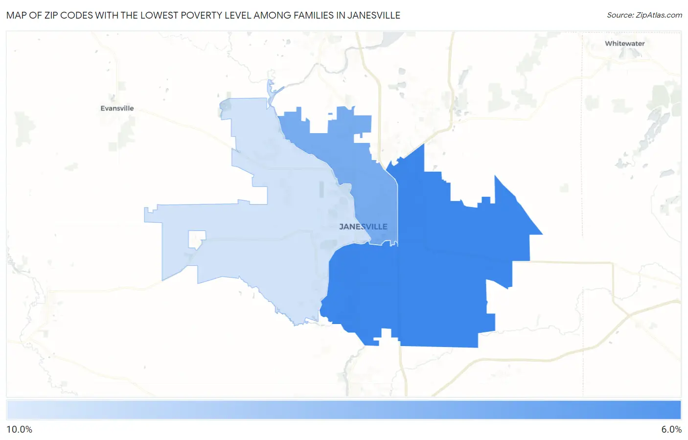Zip Codes with the Lowest Poverty Level Among Families in Janesville Map