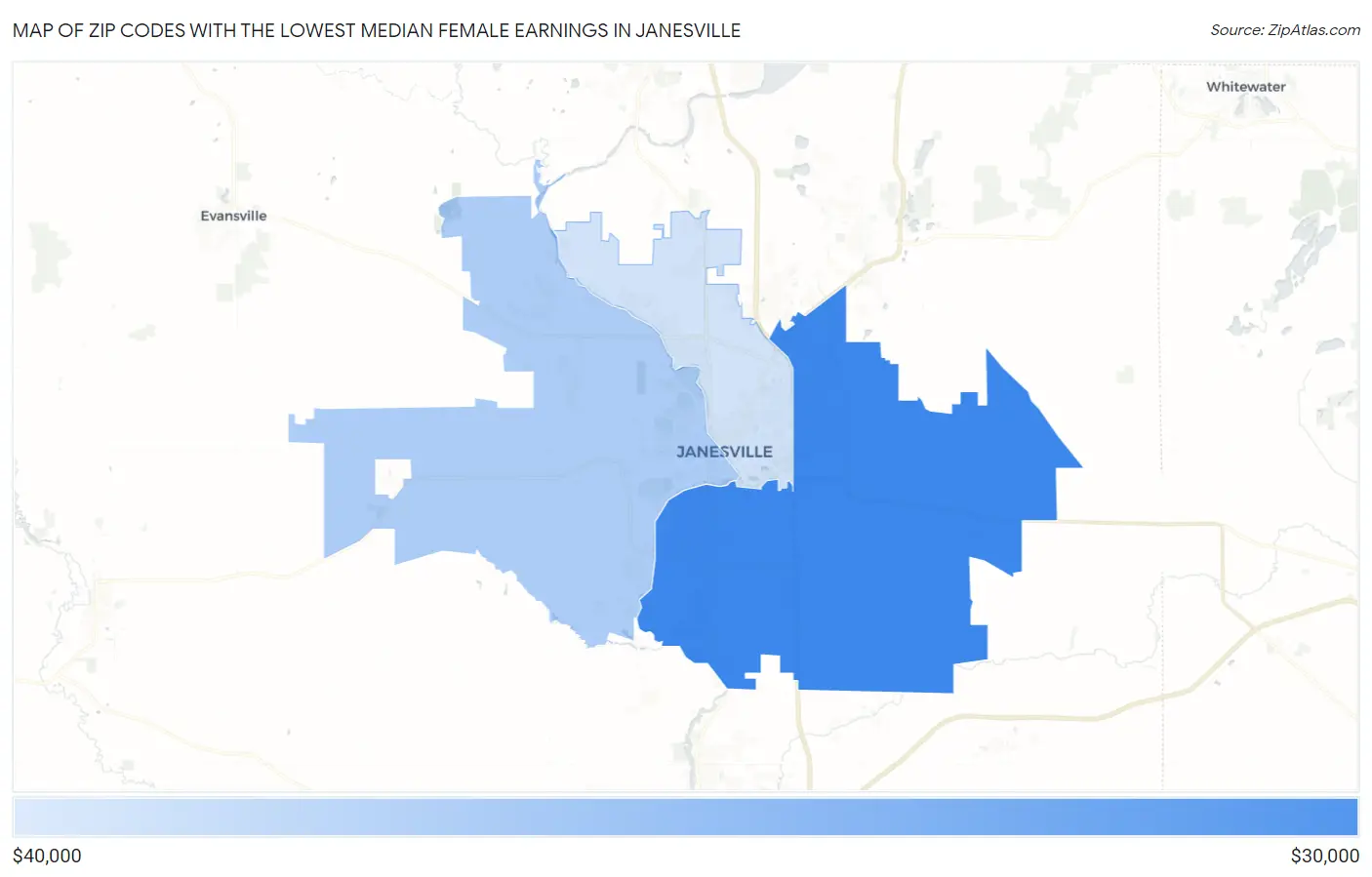 Zip Codes with the Lowest Median Female Earnings in Janesville Map
