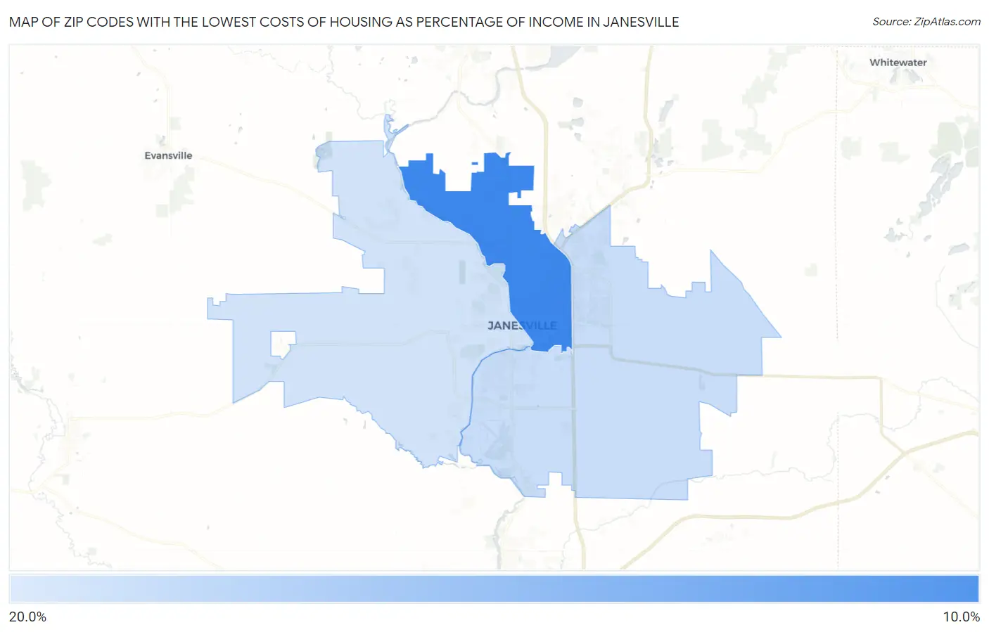 Zip Codes with the Lowest Costs of Housing as Percentage of Income in Janesville Map
