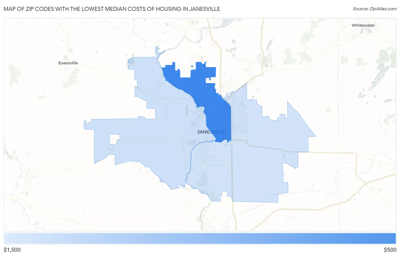 Zip Codes with the Lowest Median Costs of Housing in Janesville Map