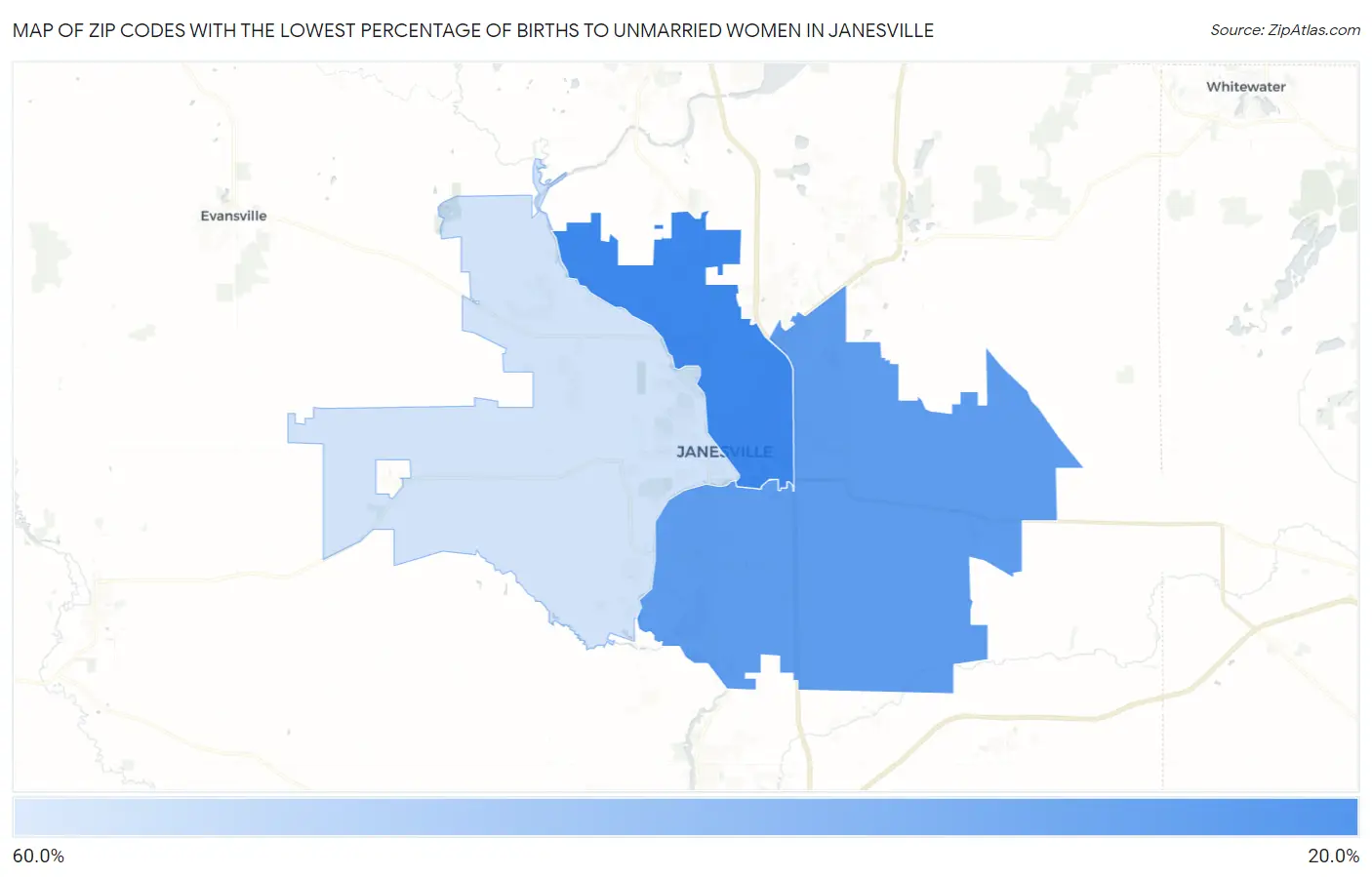 Zip Codes with the Lowest Percentage of Births to Unmarried Women in Janesville Map