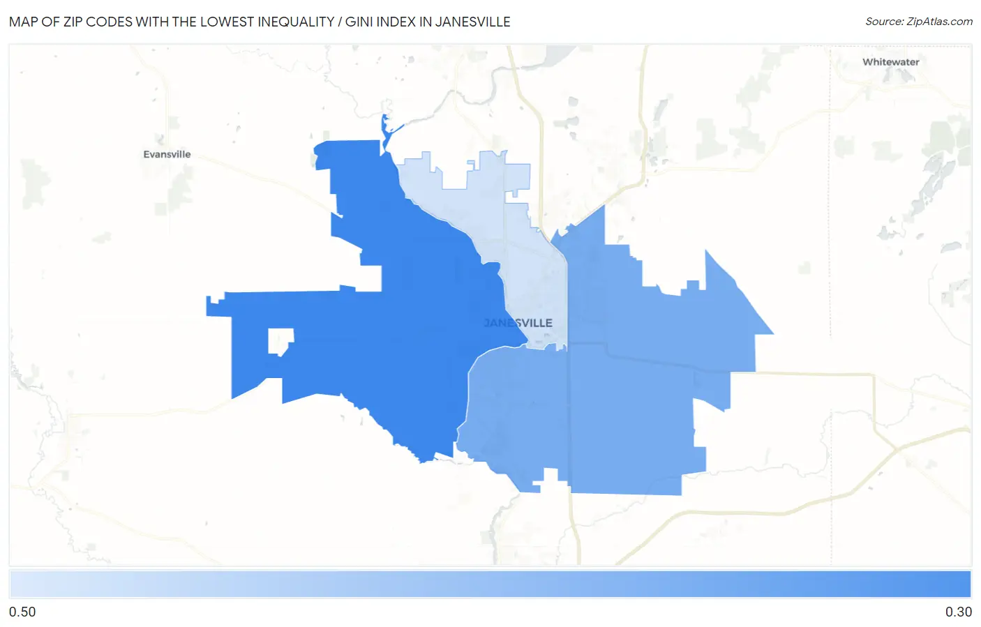 Zip Codes with the Lowest Inequality / Gini Index in Janesville Map