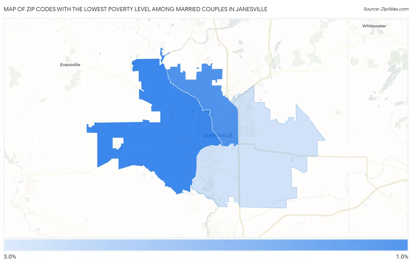 Zip Codes with the Lowest Poverty Level Among Married Couples in Janesville Map