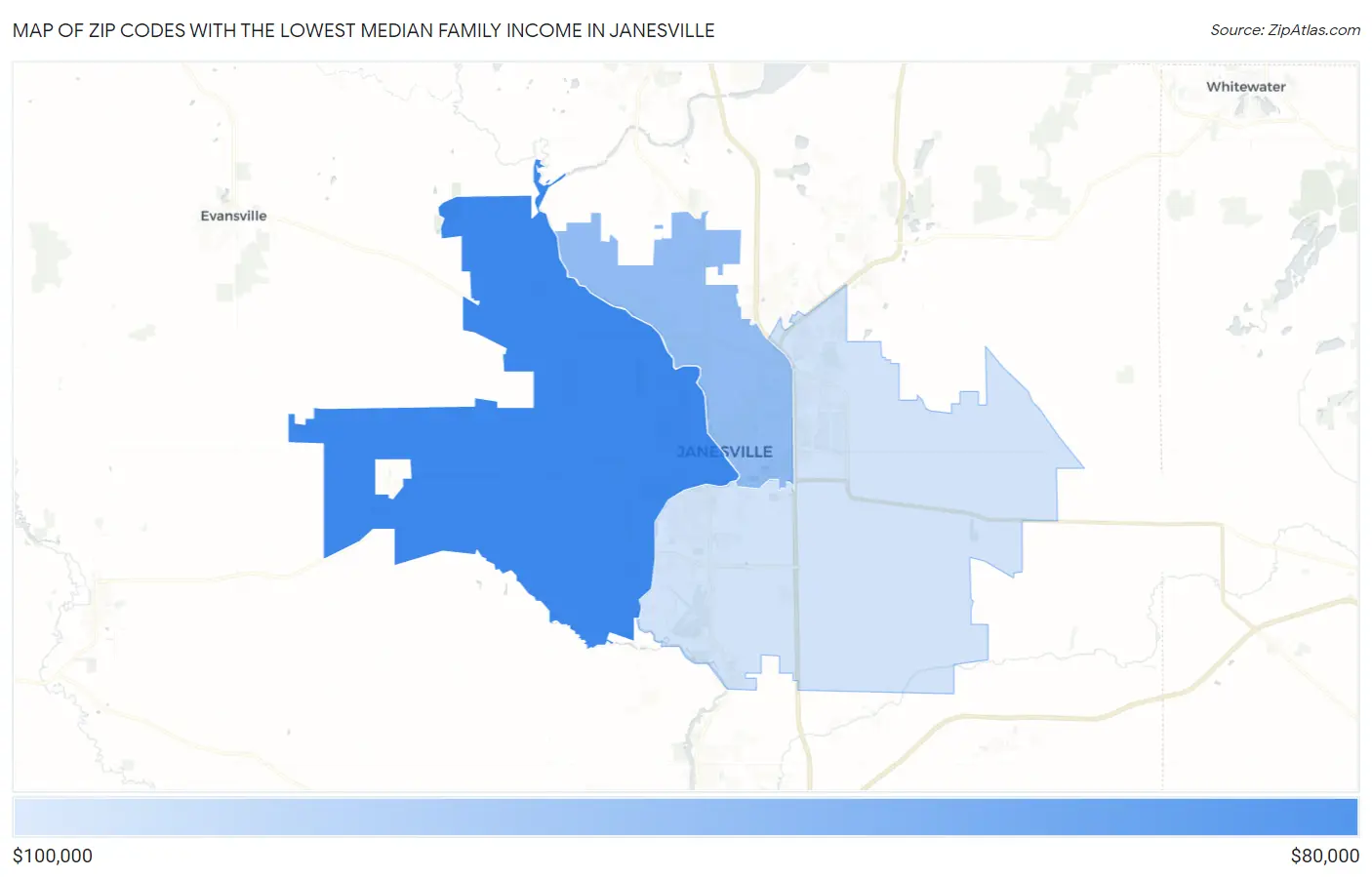 Zip Codes with the Lowest Median Family Income in Janesville Map