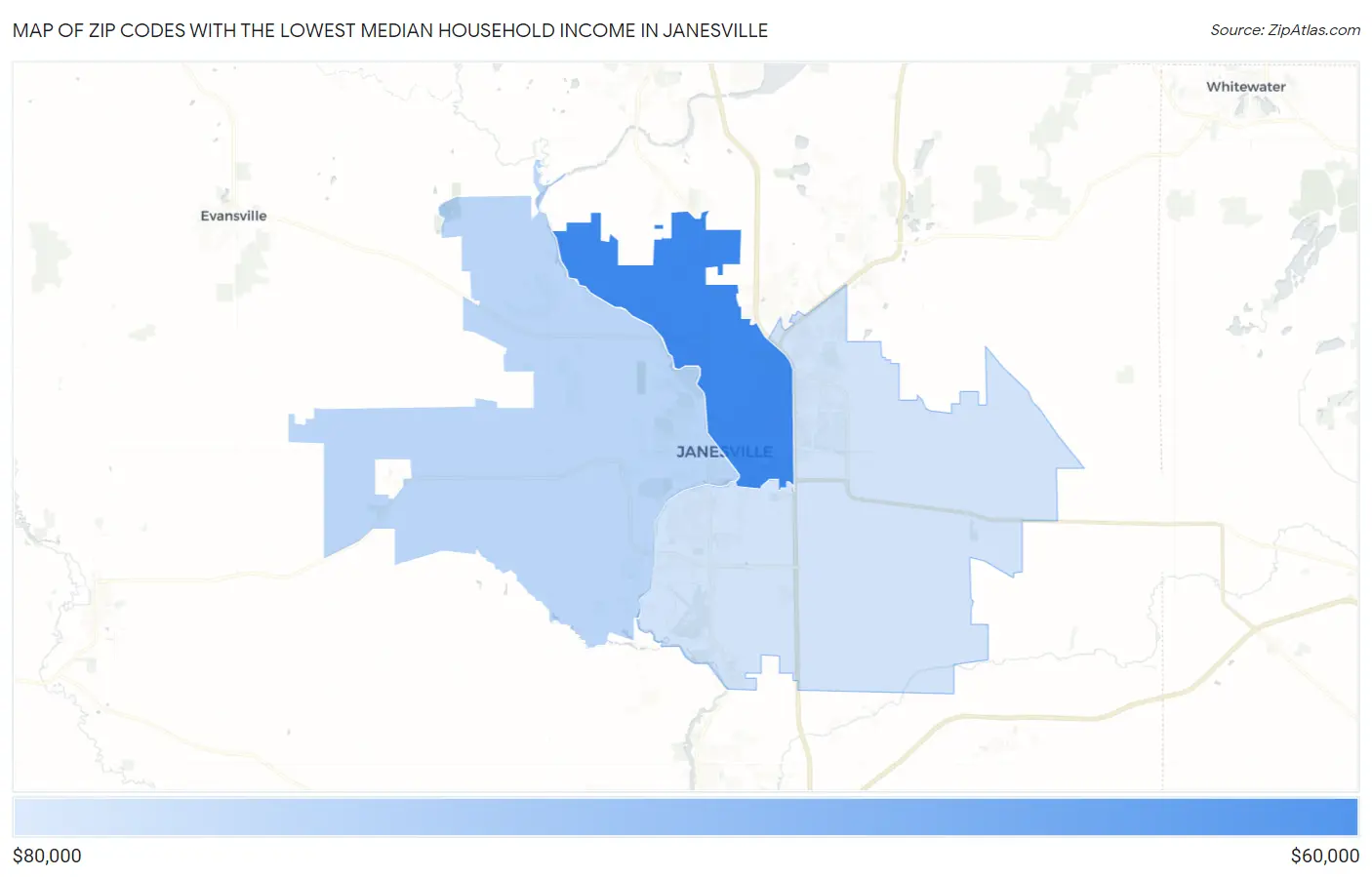 Zip Codes with the Lowest Median Household Income in Janesville Map