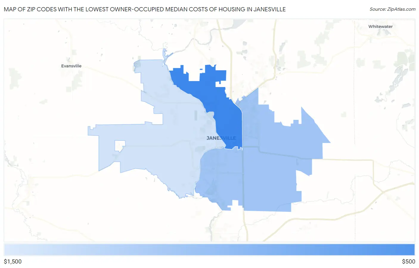 Zip Codes with the Lowest Owner-Occupied Median Costs of Housing in Janesville Map