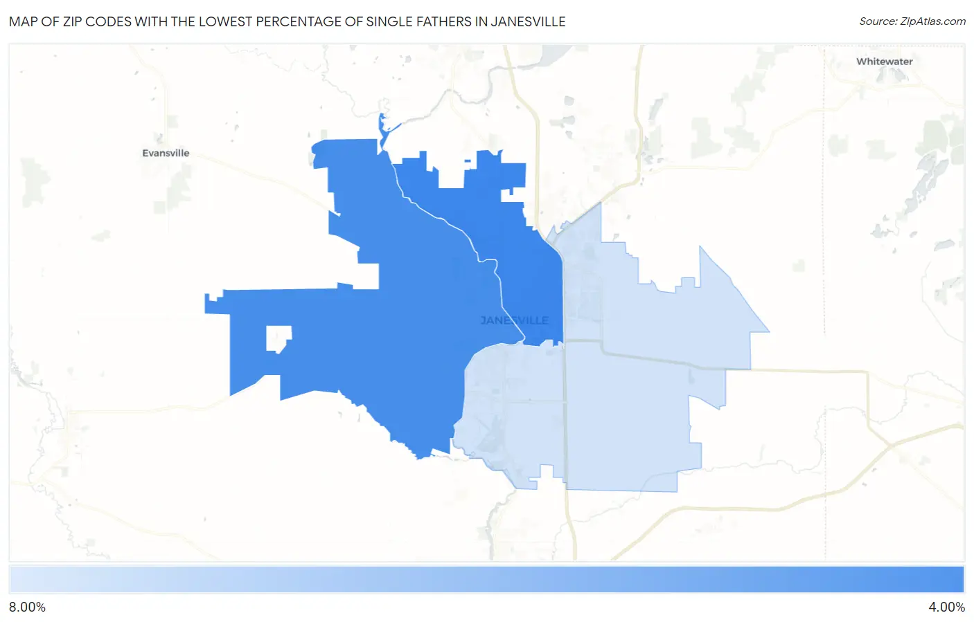 Zip Codes with the Lowest Percentage of Single Fathers in Janesville Map