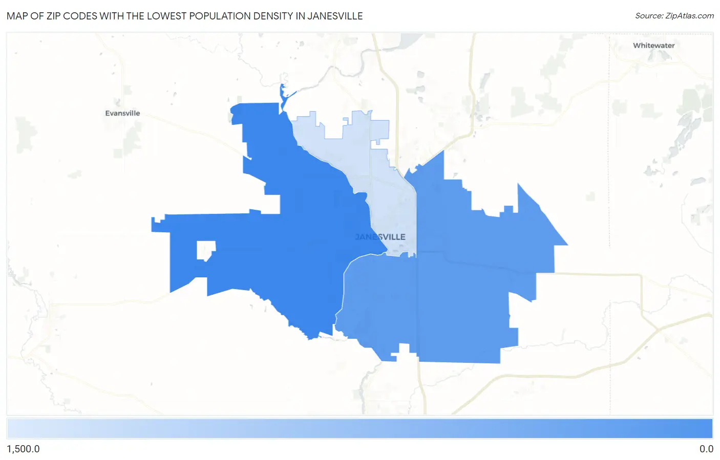 Zip Codes with the Lowest Population Density in Janesville Map