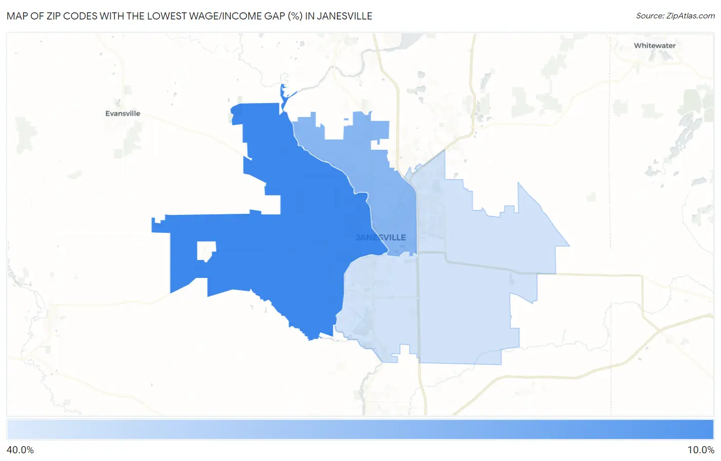 Zip Codes with the Lowest Wage/Income Gap (%) in Janesville Map