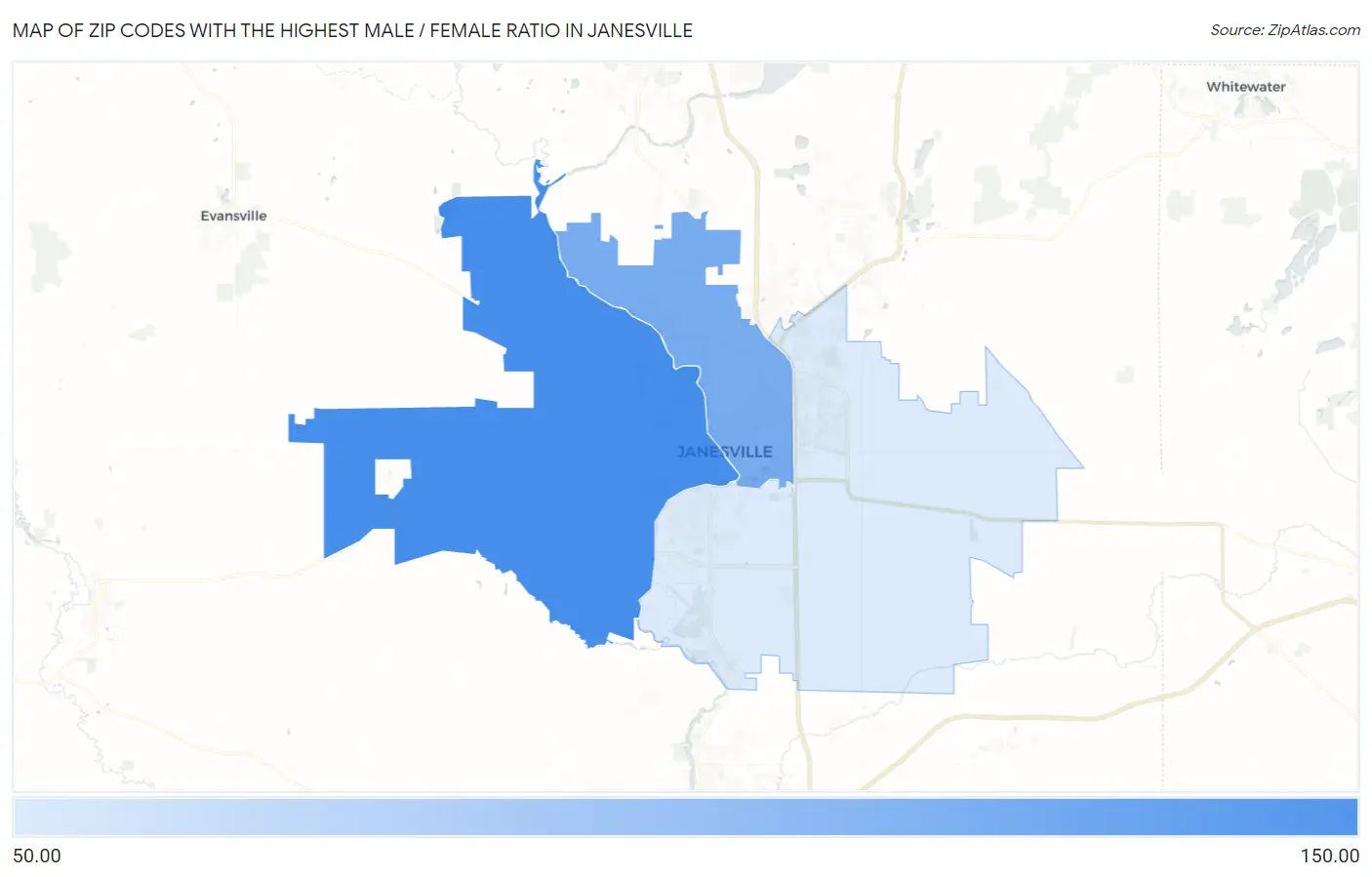 Zip Codes with the Highest Male / Female Ratio in Janesville Map