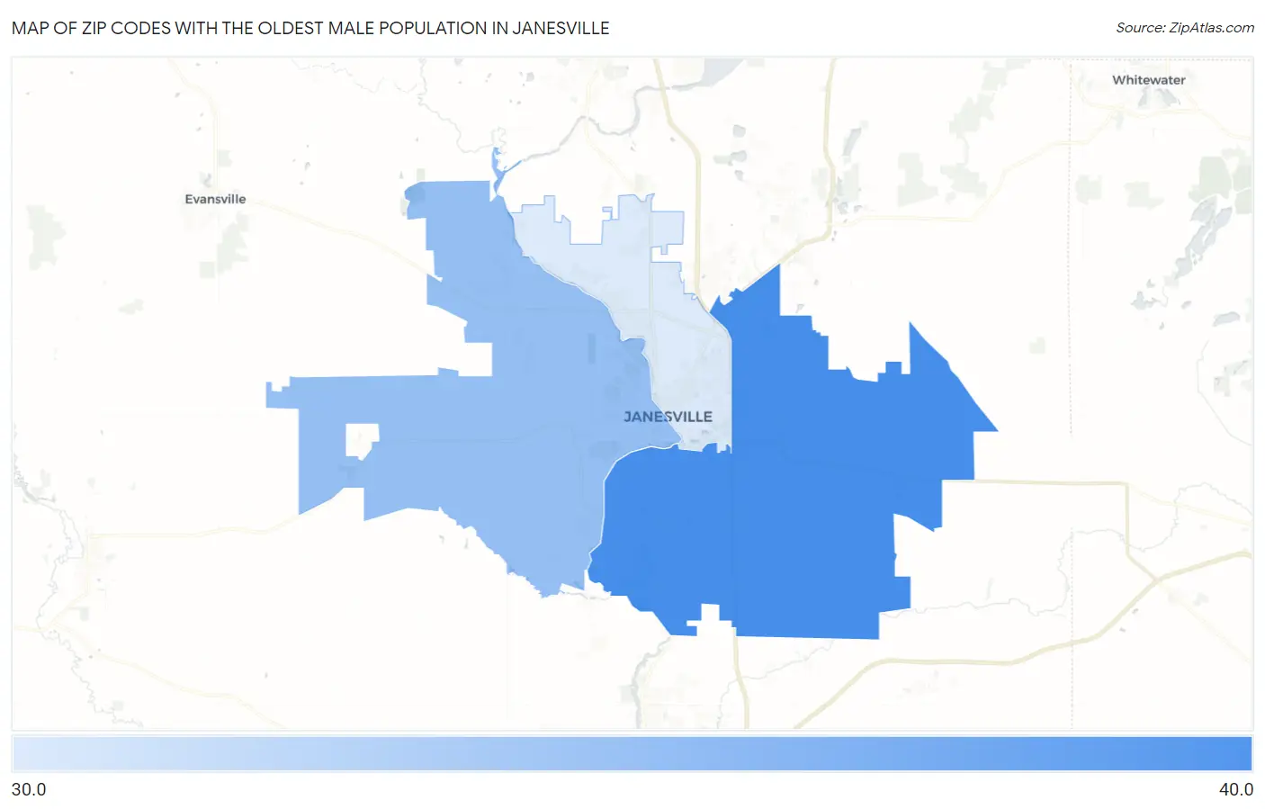 Zip Codes with the Oldest Male Population in Janesville Map