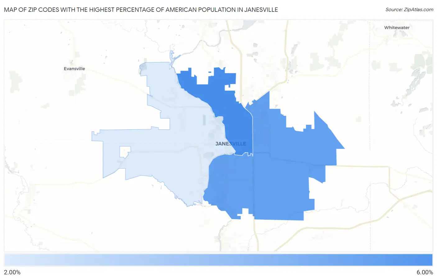 Zip Codes with the Highest Percentage of American Population in Janesville Map