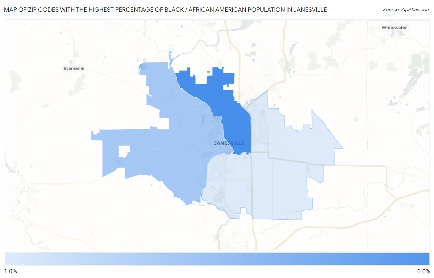 Zip Codes with the Highest Percentage of Black / African American Population in Janesville Map