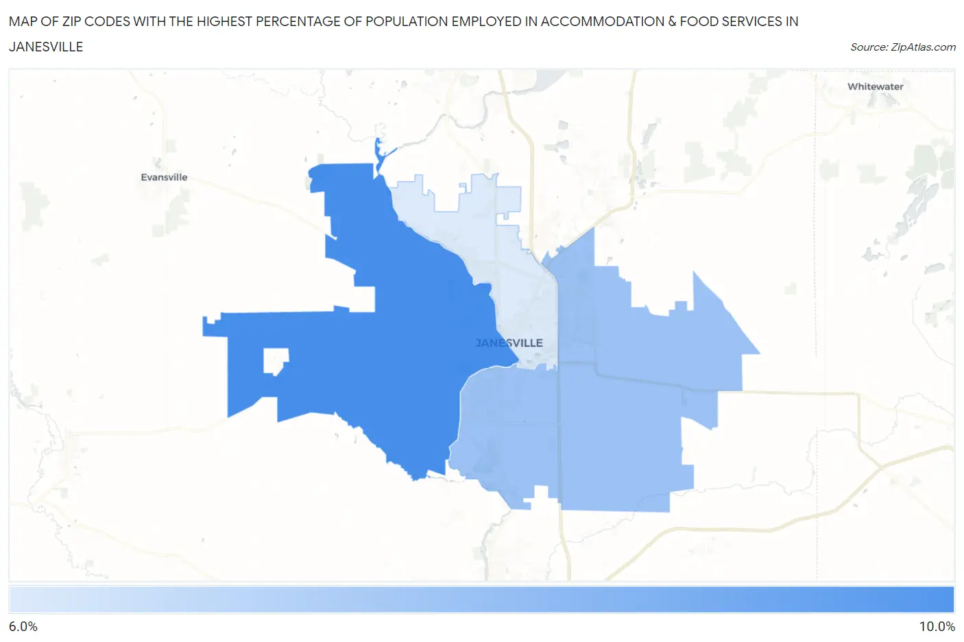 Zip Codes with the Highest Percentage of Population Employed in Accommodation & Food Services in Janesville Map