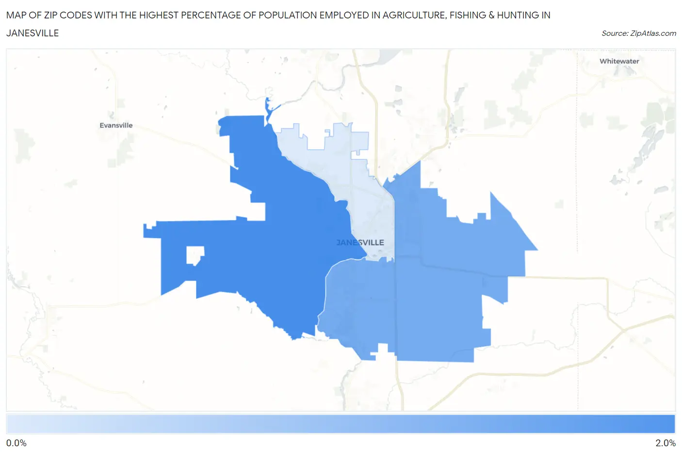 Zip Codes with the Highest Percentage of Population Employed in Agriculture, Fishing & Hunting in Janesville Map
