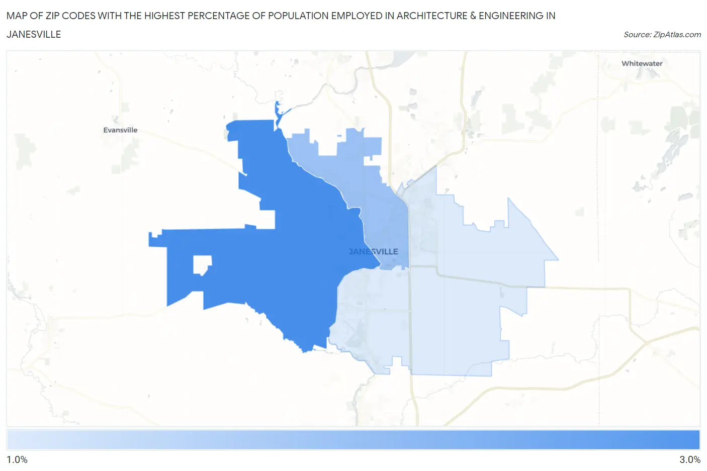 Zip Codes with the Highest Percentage of Population Employed in Architecture & Engineering in Janesville Map