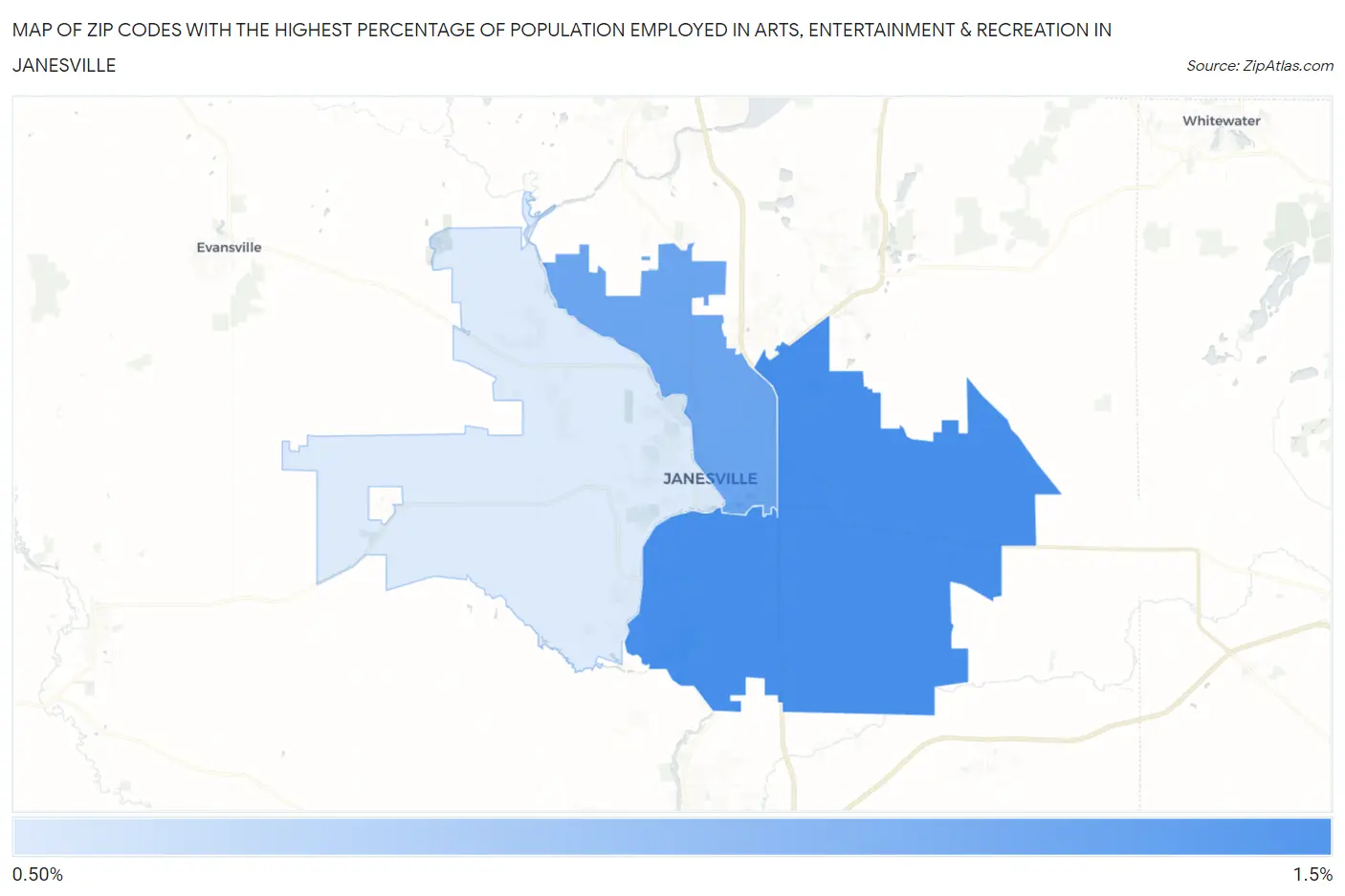 Zip Codes with the Highest Percentage of Population Employed in Arts, Entertainment & Recreation in Janesville Map