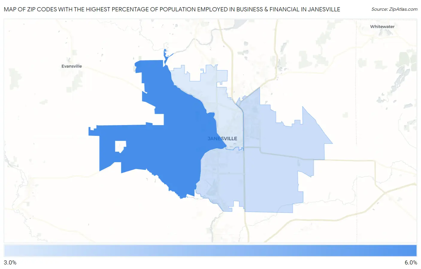 Zip Codes with the Highest Percentage of Population Employed in Business & Financial in Janesville Map