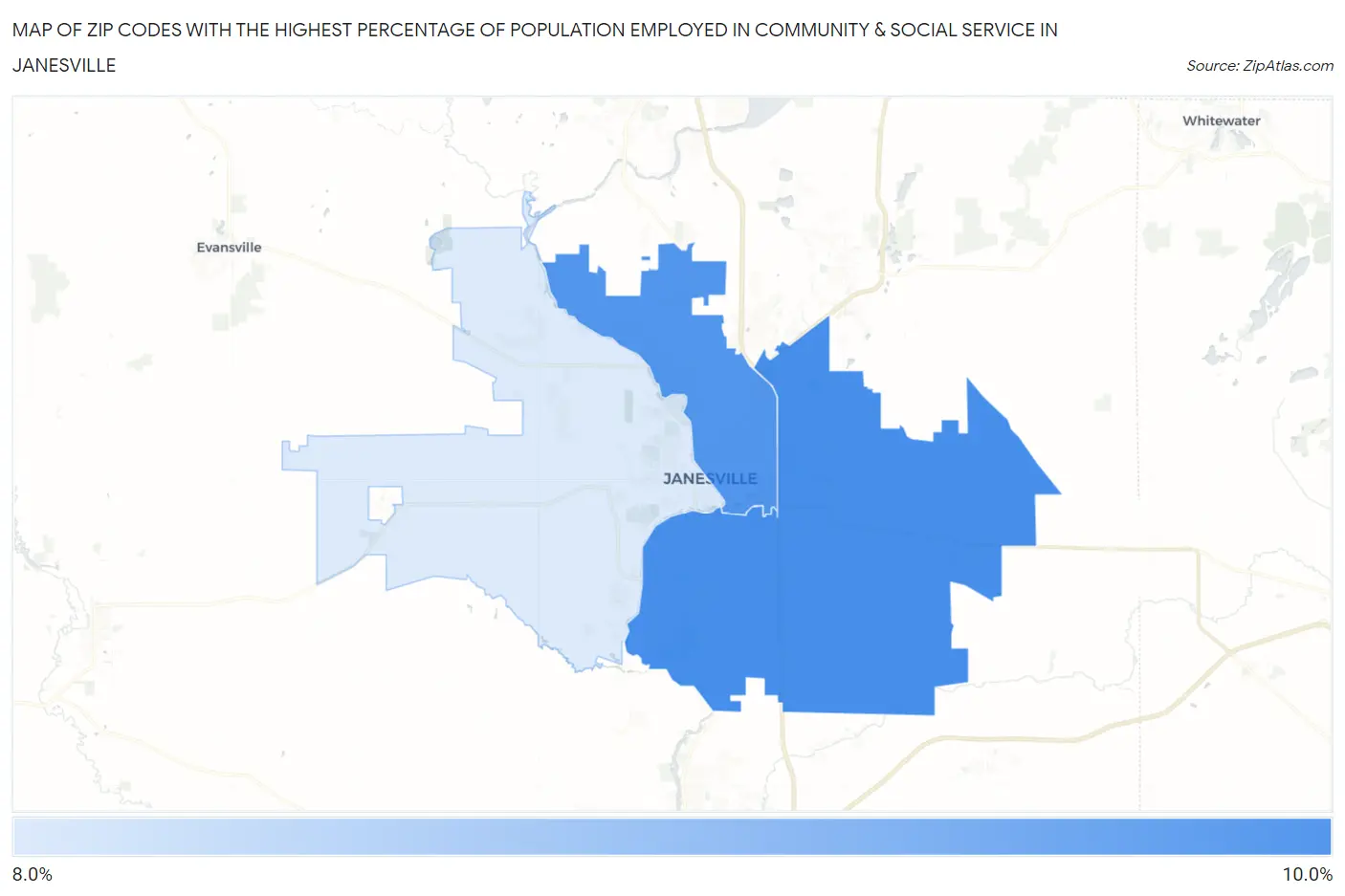 Zip Codes with the Highest Percentage of Population Employed in Community & Social Service  in Janesville Map