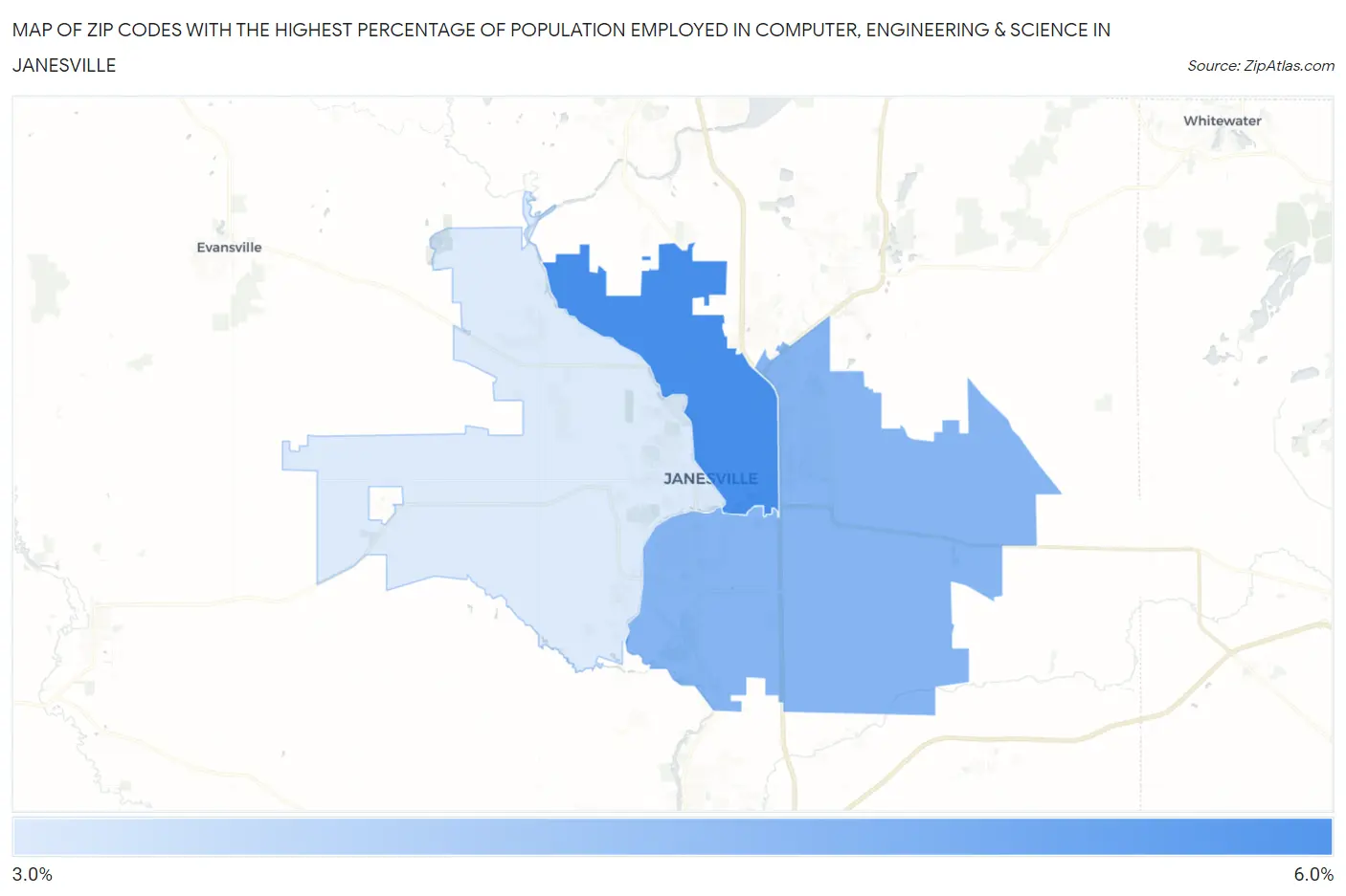 Zip Codes with the Highest Percentage of Population Employed in Computer, Engineering & Science in Janesville Map