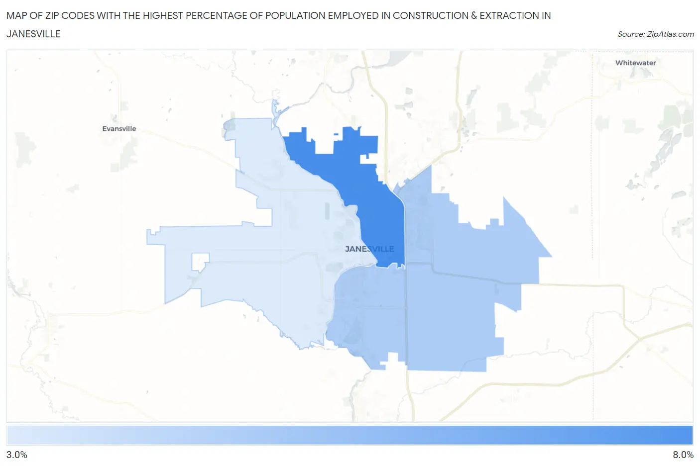 Zip Codes with the Highest Percentage of Population Employed in Construction & Extraction in Janesville Map