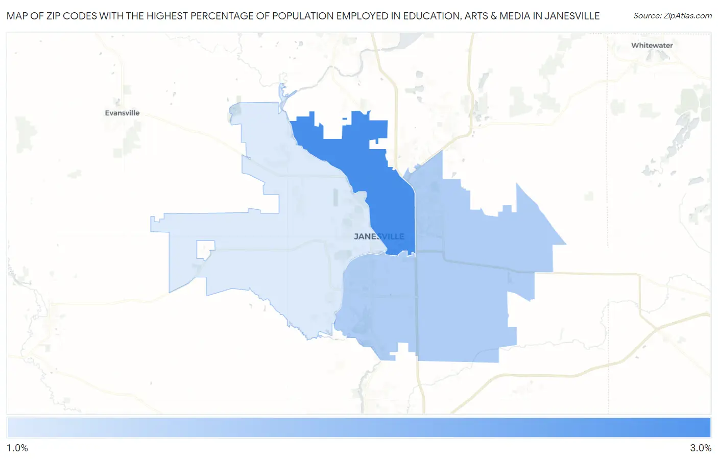 Zip Codes with the Highest Percentage of Population Employed in Education, Arts & Media in Janesville Map