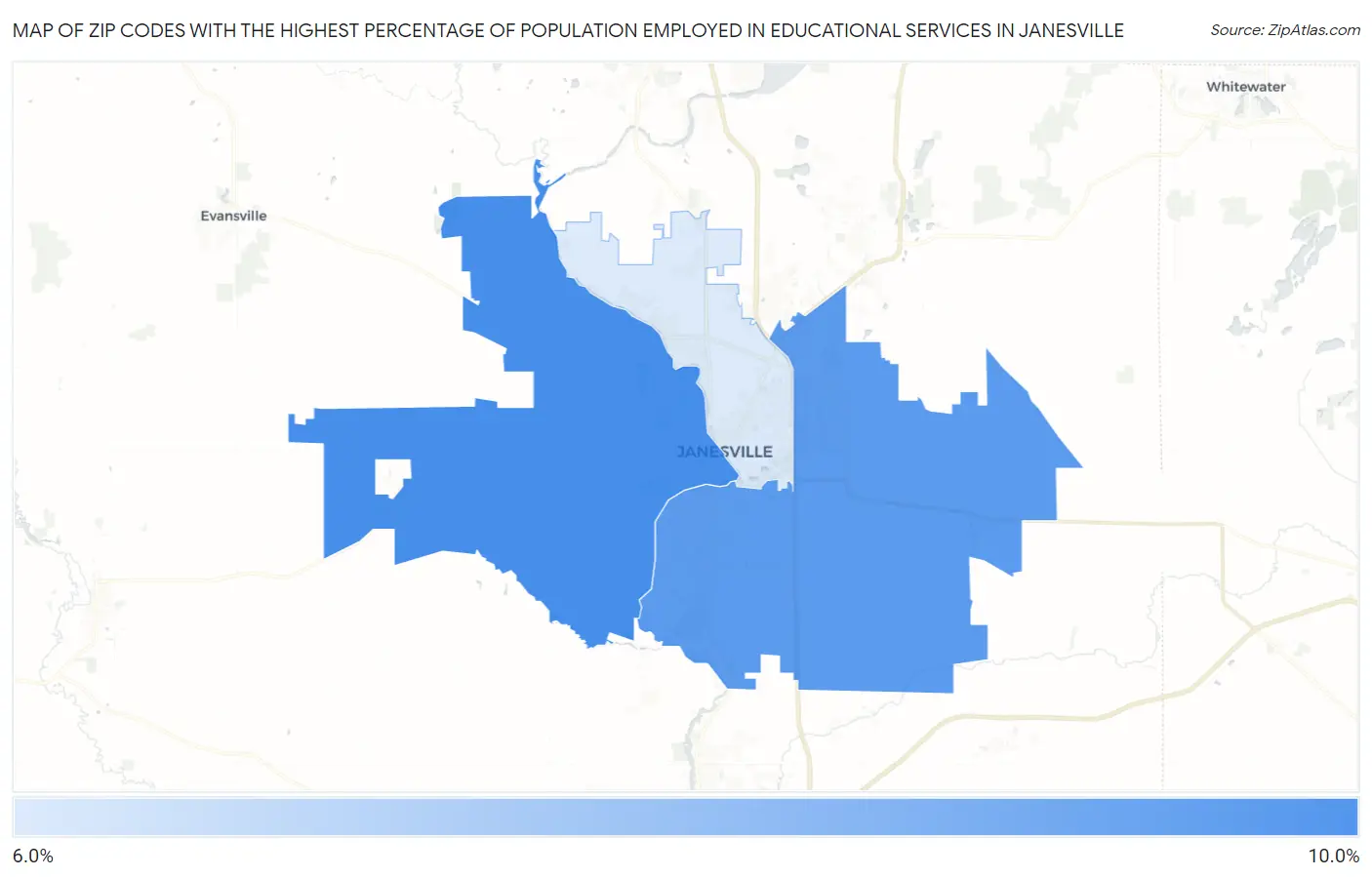 Zip Codes with the Highest Percentage of Population Employed in Educational Services in Janesville Map