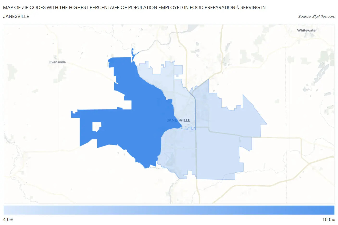 Zip Codes with the Highest Percentage of Population Employed in Food Preparation & Serving in Janesville Map