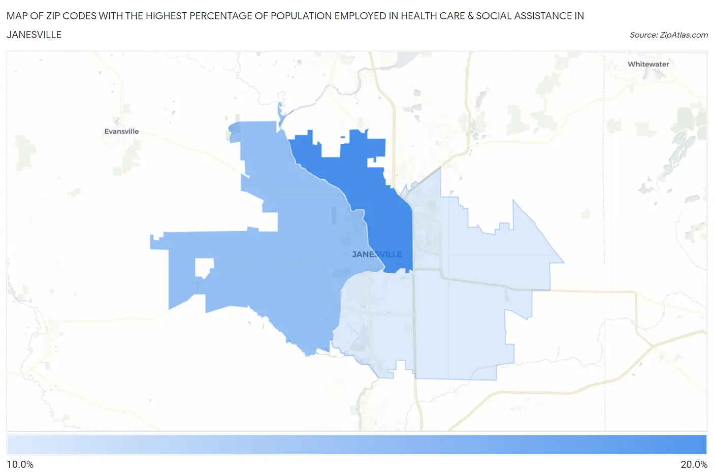 Zip Codes with the Highest Percentage of Population Employed in Health Care & Social Assistance in Janesville Map