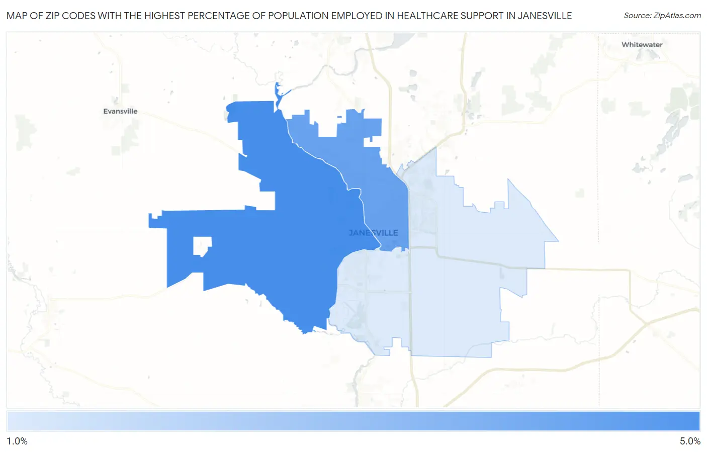 Zip Codes with the Highest Percentage of Population Employed in Healthcare Support in Janesville Map