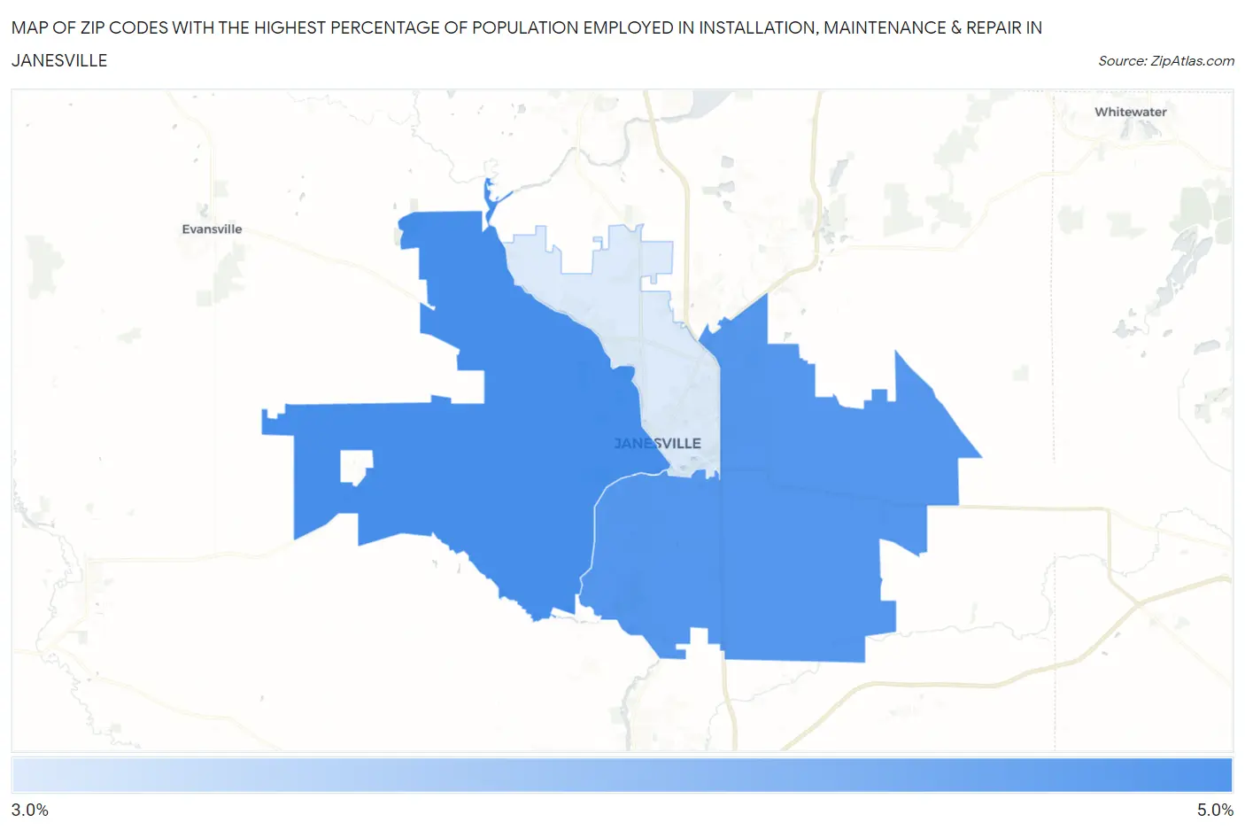 Zip Codes with the Highest Percentage of Population Employed in Installation, Maintenance & Repair in Janesville Map