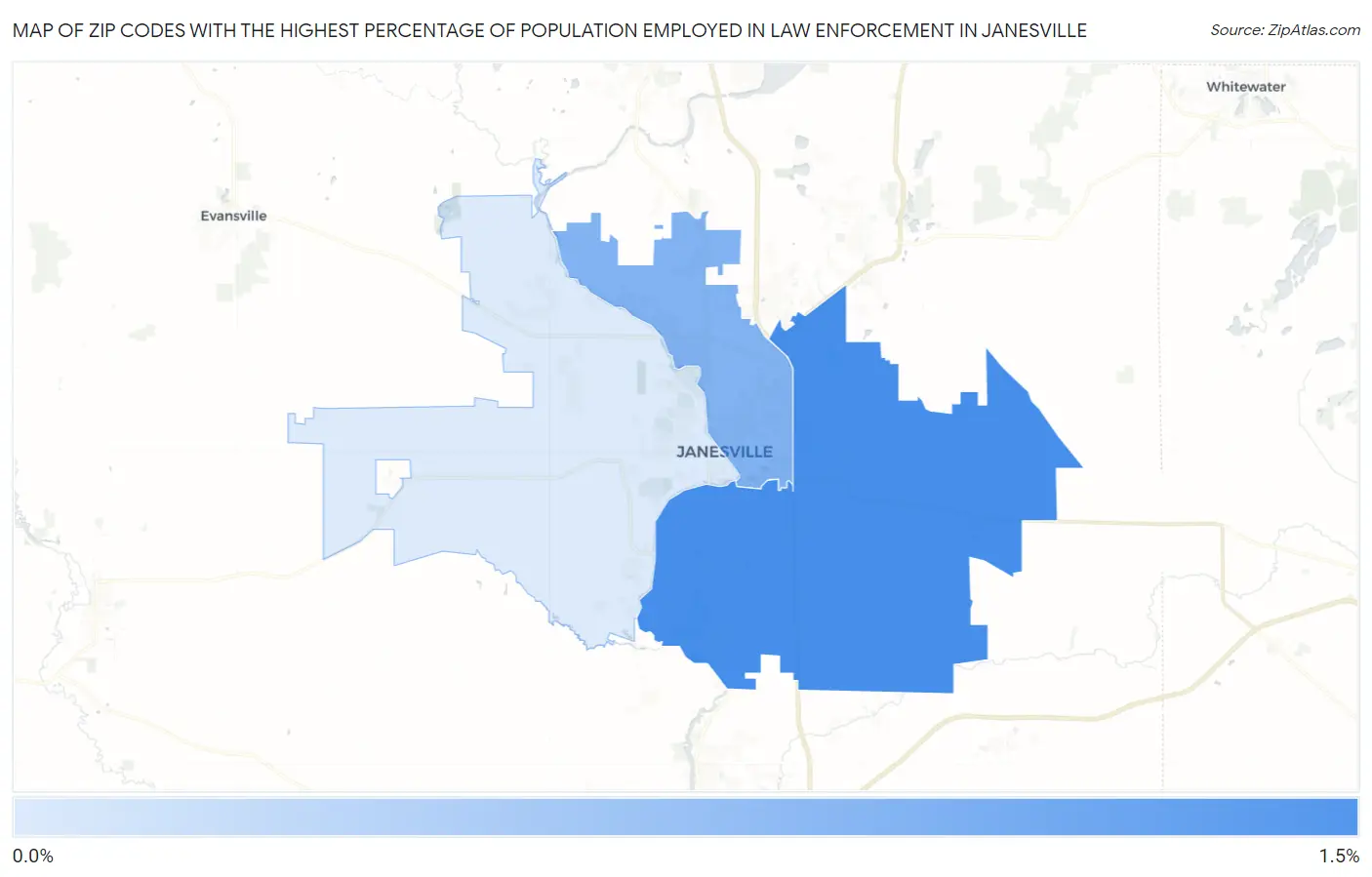 Zip Codes with the Highest Percentage of Population Employed in Law Enforcement in Janesville Map
