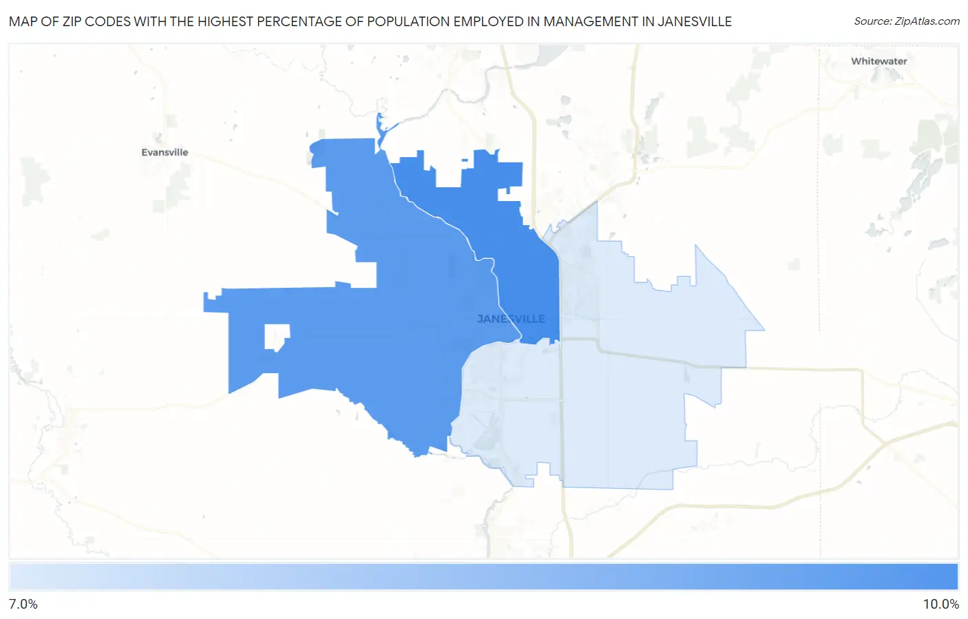 Zip Codes with the Highest Percentage of Population Employed in Management in Janesville Map