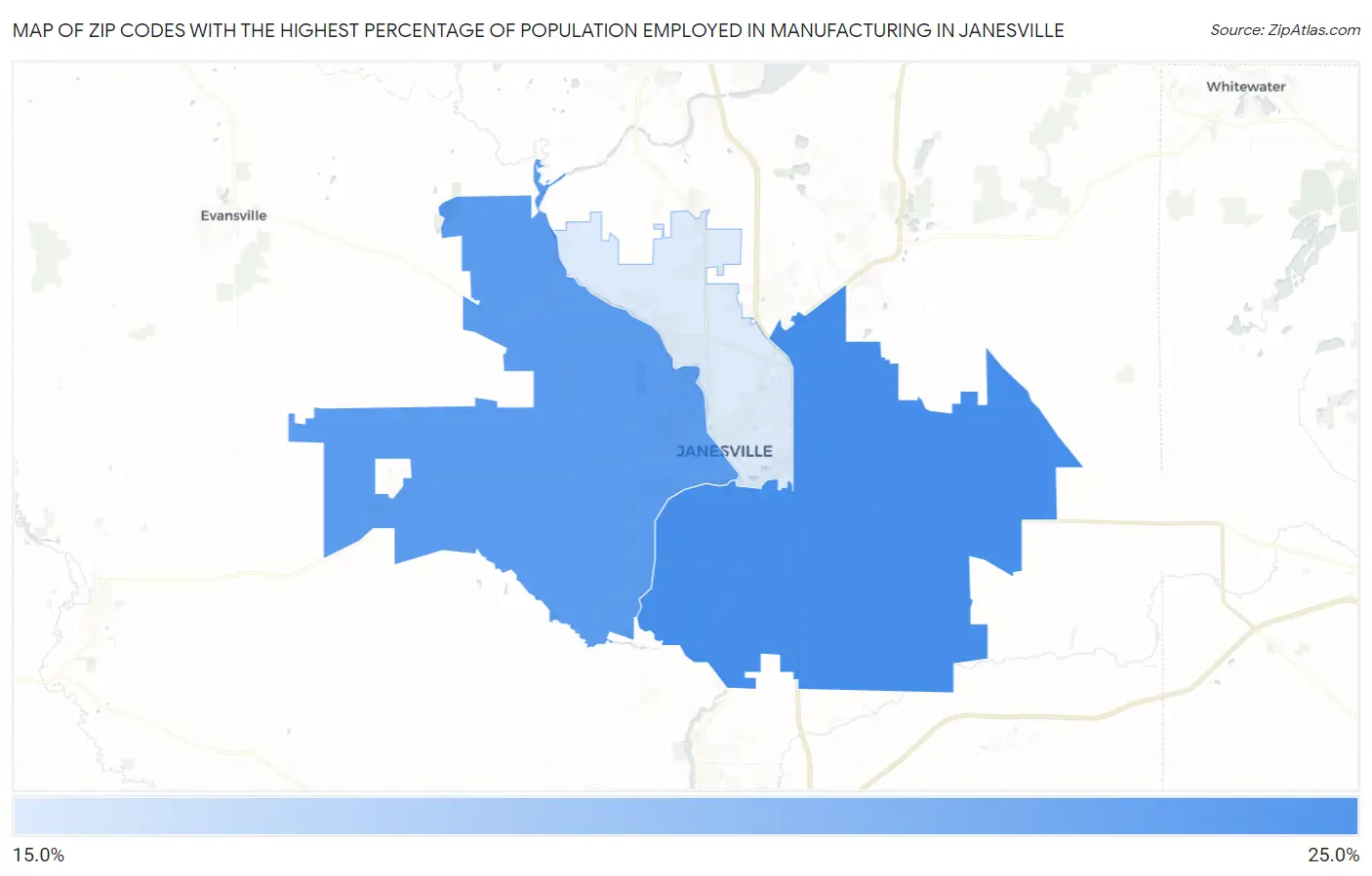 Zip Codes with the Highest Percentage of Population Employed in Manufacturing in Janesville Map