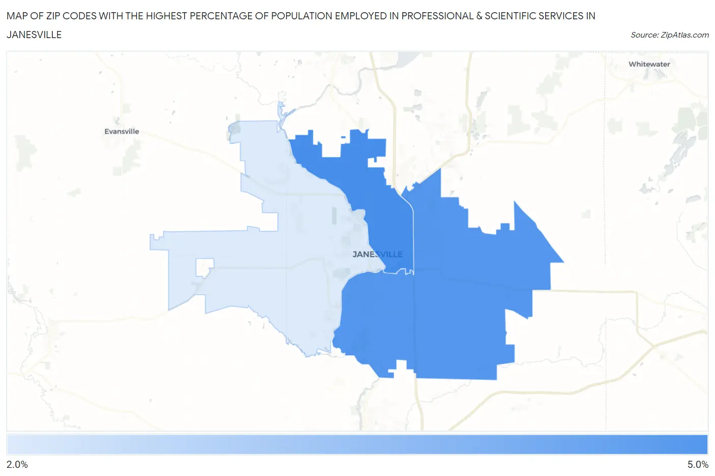 Zip Codes with the Highest Percentage of Population Employed in Professional & Scientific Services in Janesville Map